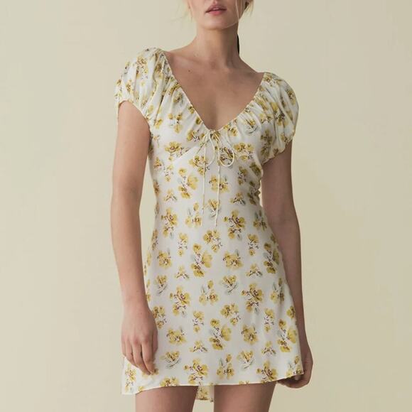 NWT Doen Sera Silk Short Puff Sleeve V Neck Mini Dress Gold Frolicking Floral - Picture 1 of 11